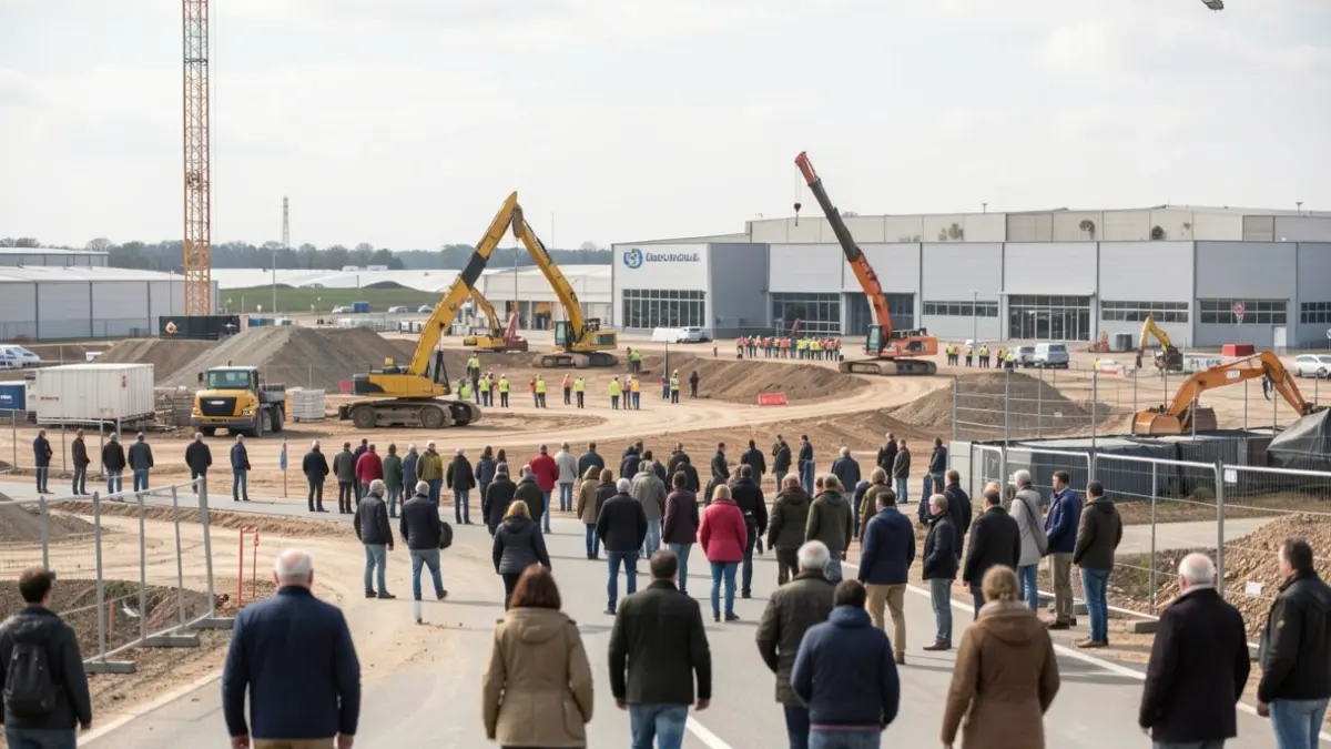 Image générique: avec des grues et des ouvriers en arrière-plan.