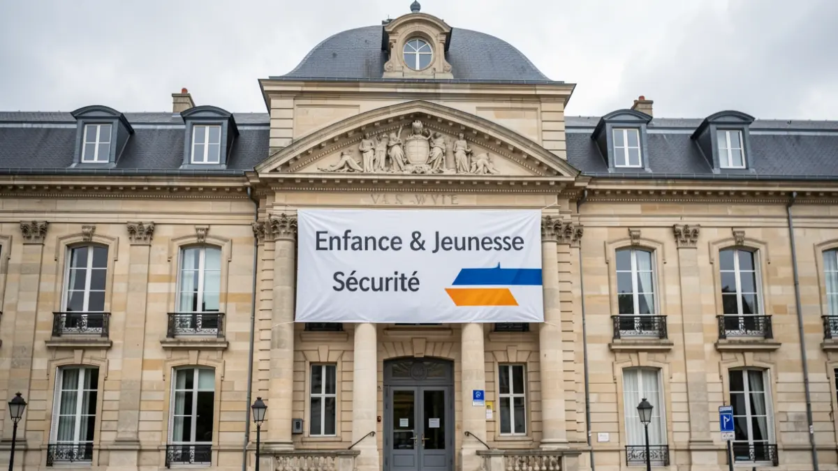 Facade of the Saint-Witz town hall with a banner on security and youth.