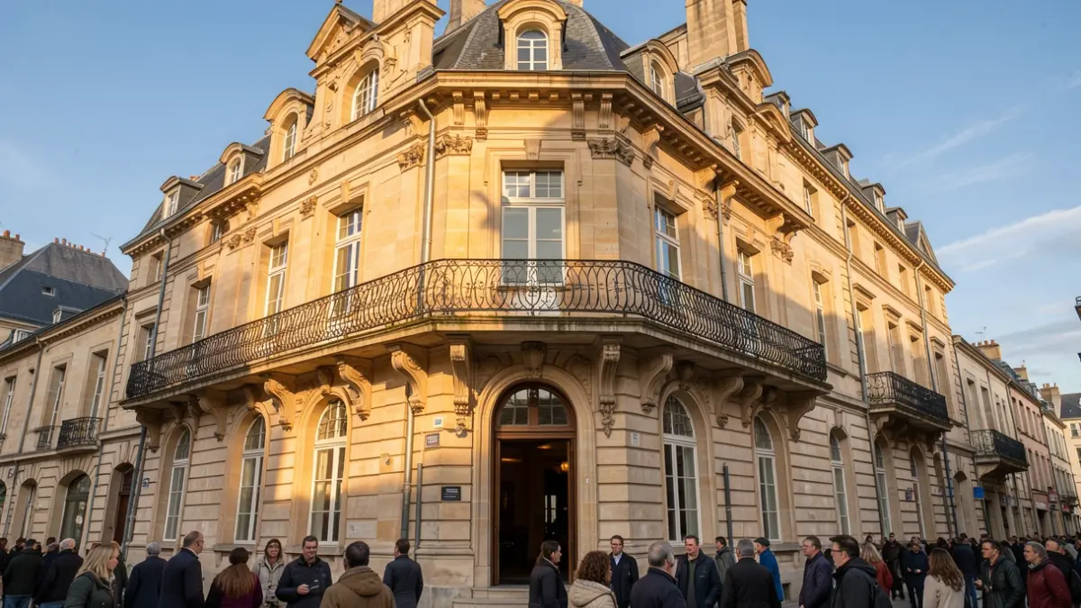 Image générique de la façade d'une mairie en pierre avec balcon orné et ciel bleu.