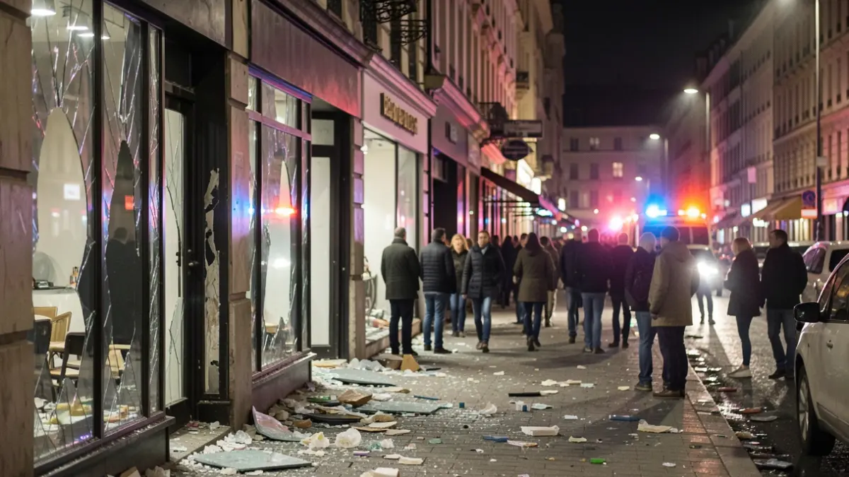 Image générique de vitrines brisées et de magasins pillés dans un centre-ville la nuit, avec des lumières de secours floues en arrière-plan.
