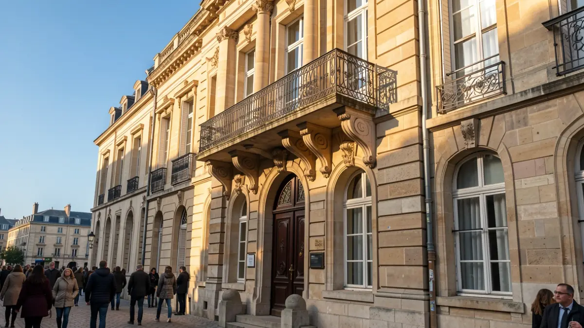 Generic image of a stone town hall facade in the Haussmannian style, with an ornate balcony and iron railings. Warm afternoon light on sandstone walls. Blue sky.