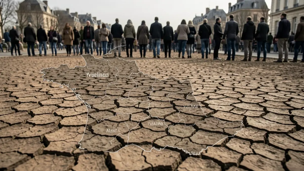 Generic image of cracked earth symbolizing drought, with a map of the Yvelines department.