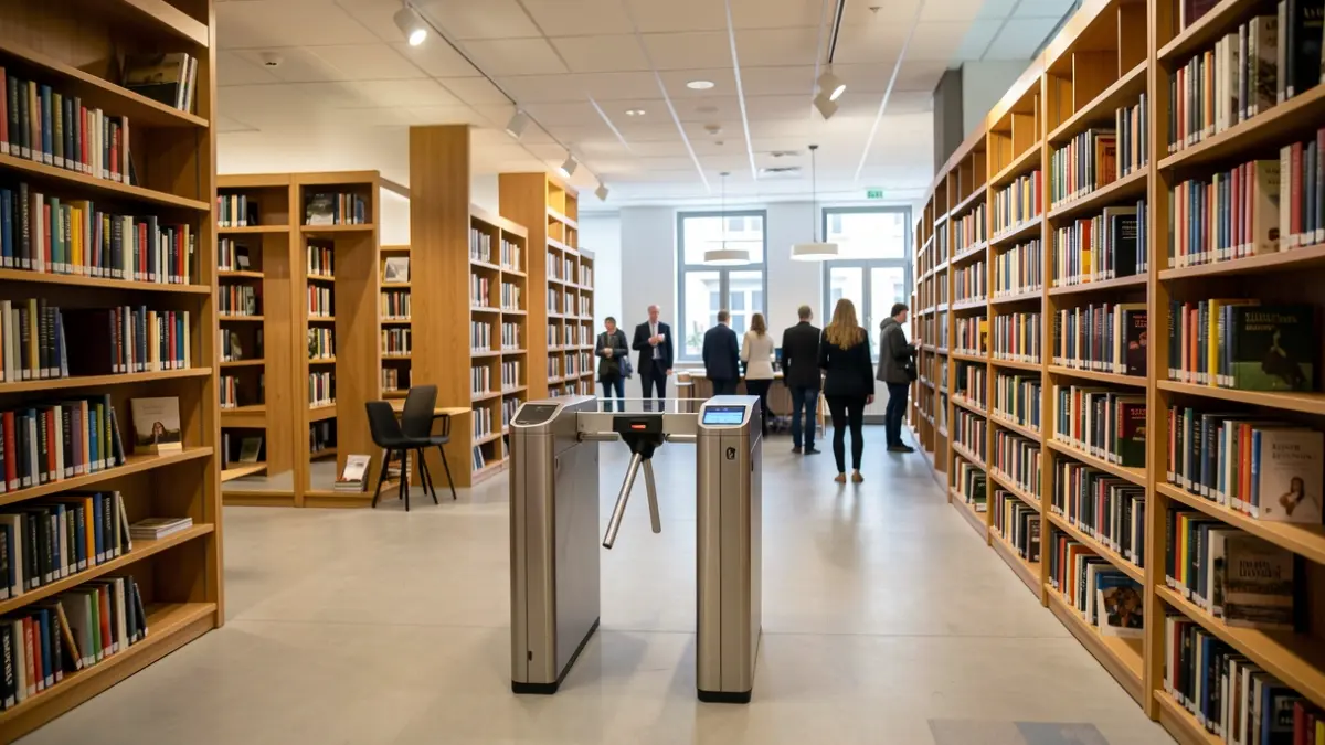 Generic image of the interior of a library with bookshelves and a temporary entrance.
