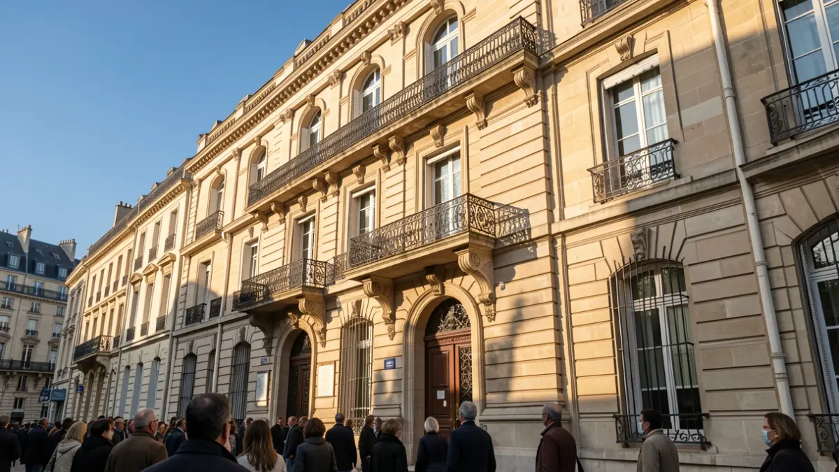 Image générique: avec un balcon orné et des éléments architecturaux typiques de la région parisienne, sous un ciel ensoleillé.