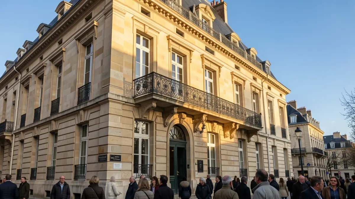 Stone facade of an Île-de-France town hall with an ornate iron balcony, warm afternoon sunlight.