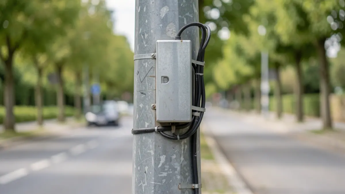 Security device installed at the base of a public street lamp in Limetz-Villez.