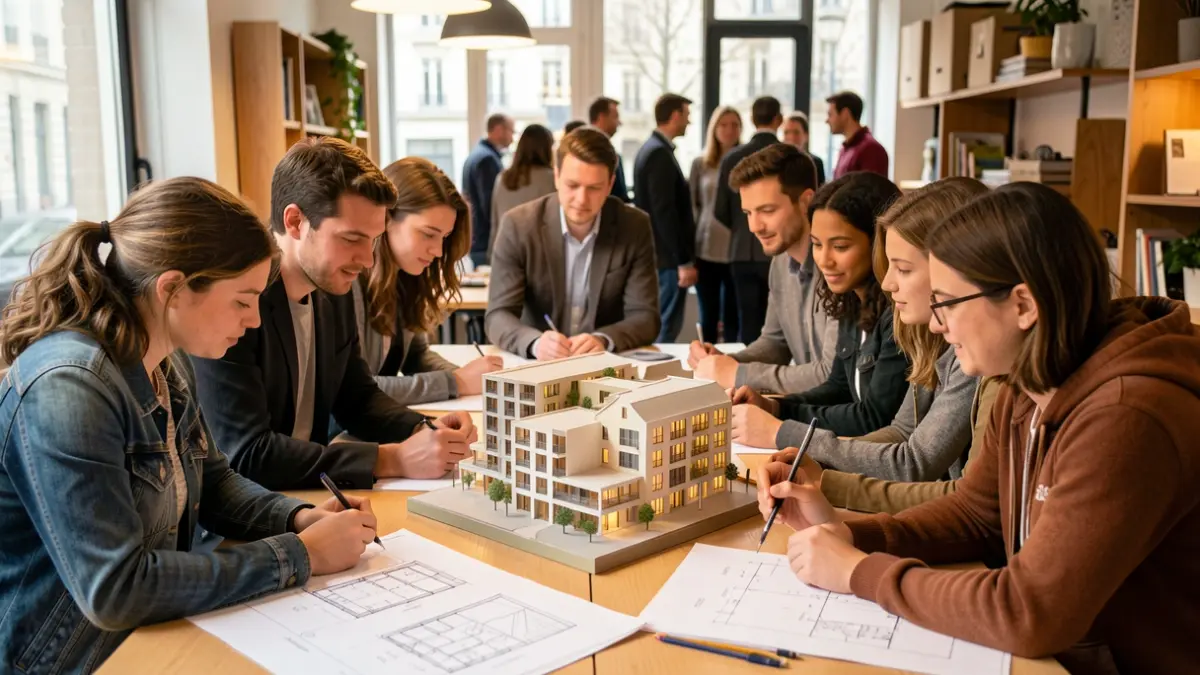 Image générique de étudiants en architecture travaillant sur une maquette de logement étudiant dans un quartier parisien.