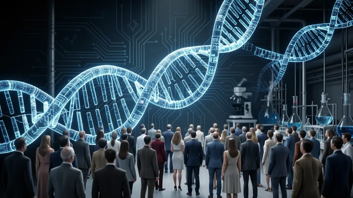 Generic image of an abstract representation of scientific research and medical innovation, featuring stylized DNA strands intertwined with glowing circuit board patterns.