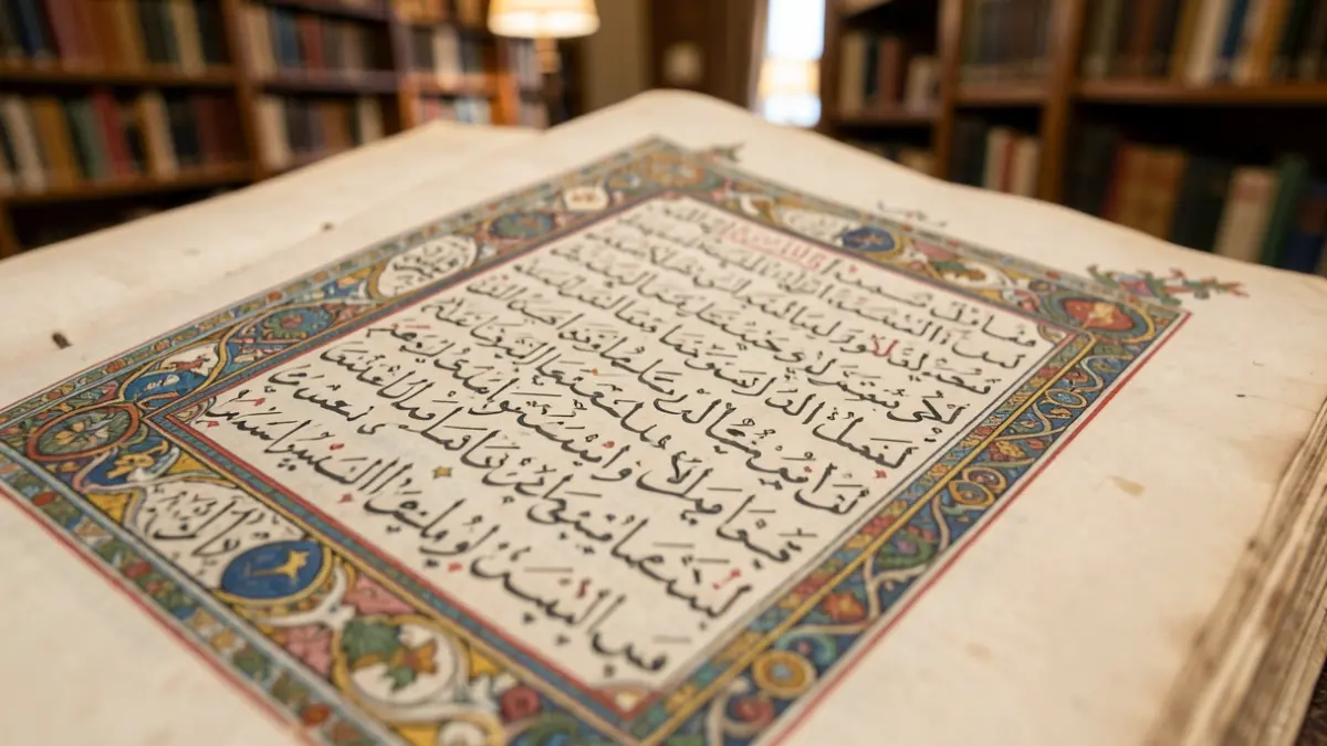 Gros plan d'un ancien manuscrit arabe avec calligraphie complexe et bordures illuminées.