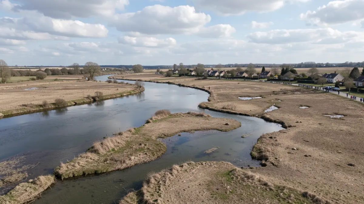 Vue aérienne d'une rivière dans les Yvelines avec des niveaux d'eau variables et des terres environnantes sèches.