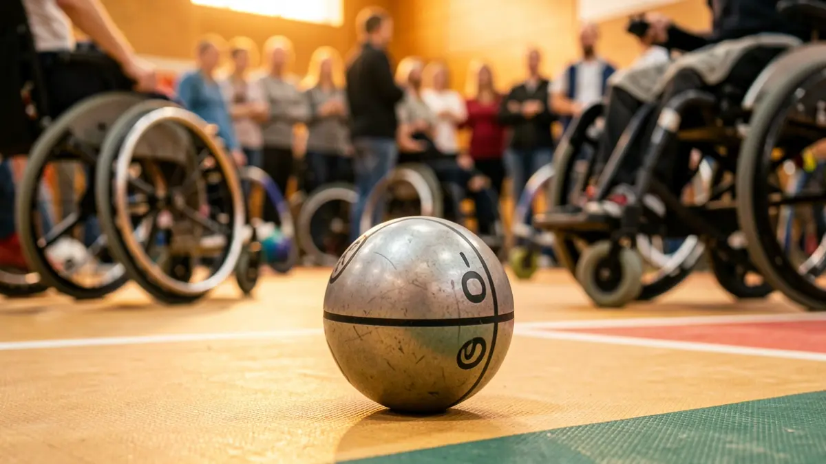 Image générique d'une balle de boccia sur un tapis de sport, avec du matériel de parasport en arrière-plan flouté.